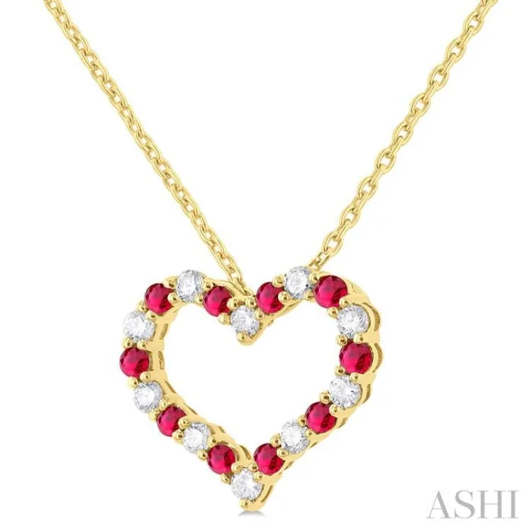 1/4 ctw Open Heart 1.80MM Round Cut Ruby and Round Cut Diamond Precious  Fashion Pendant With Chain in 14K Yellow Gold