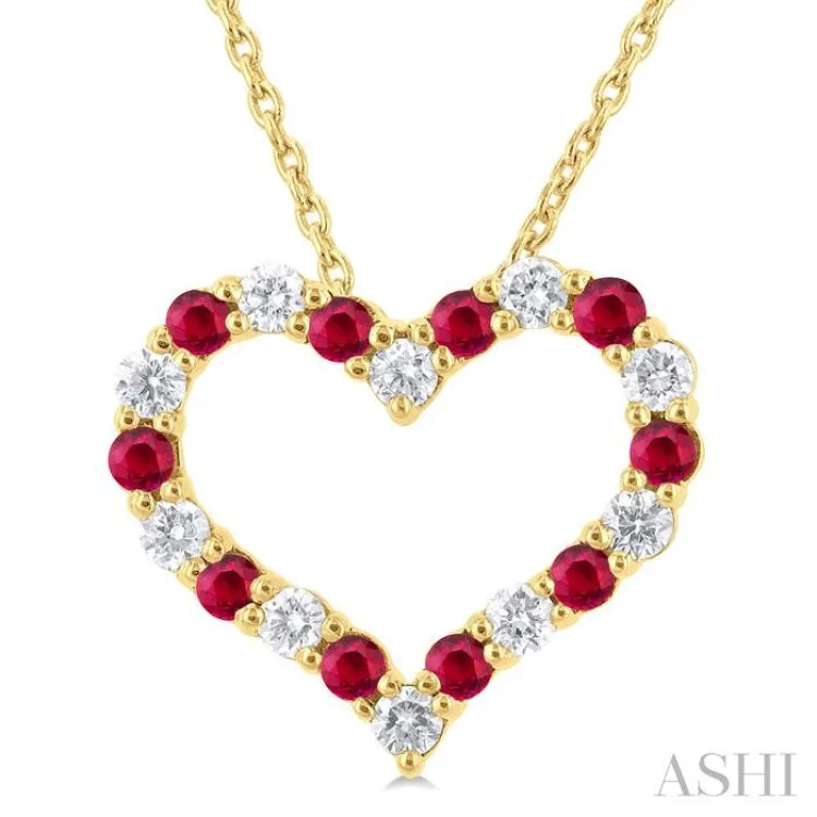 1/4 ctw Open Heart 1.80MM Round Cut Ruby and Round Cut Diamond Precious  Fashion Pendant With Chain in 14K Yellow Gold