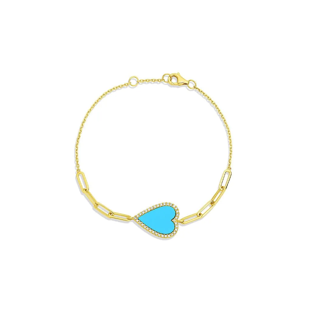 14kt Yellow Gold Turquoise Diamond Heart Bracelet