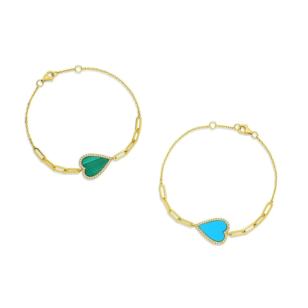 14kt Yellow Gold Turquoise Diamond Heart Bracelet