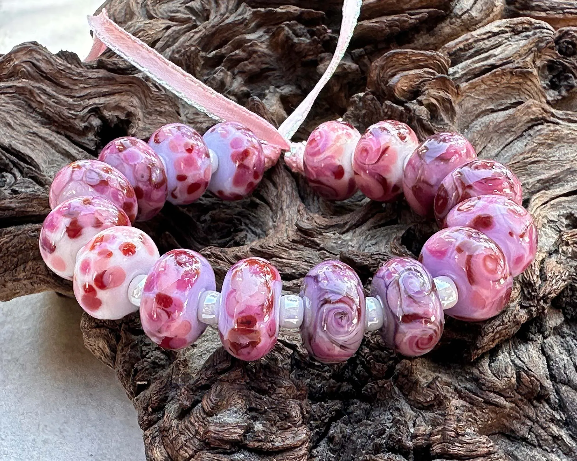 16 Charming Pink Lampwork Beads Set SRA