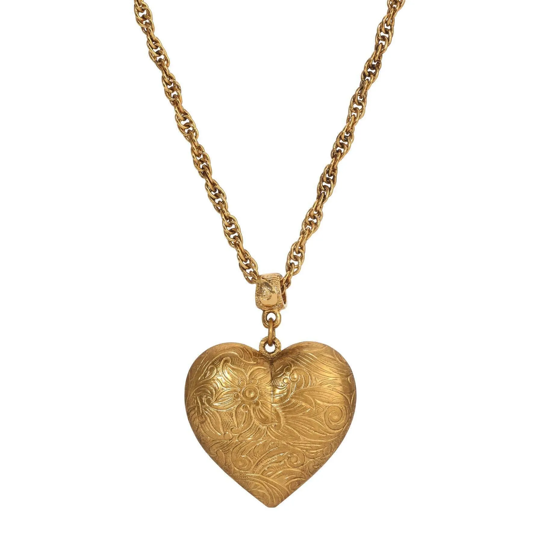 1928 Jewelry Gold Etched Floral Heart Pendant Necklace 16"   3" Extension