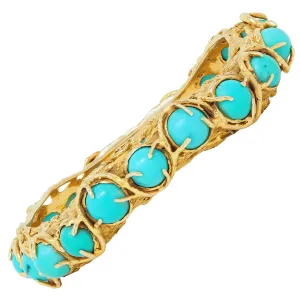 Arthur King Brutalist Turquoise Cabochon 18 Karat Yellow Gold Organic Vintage Bangle Bracelet