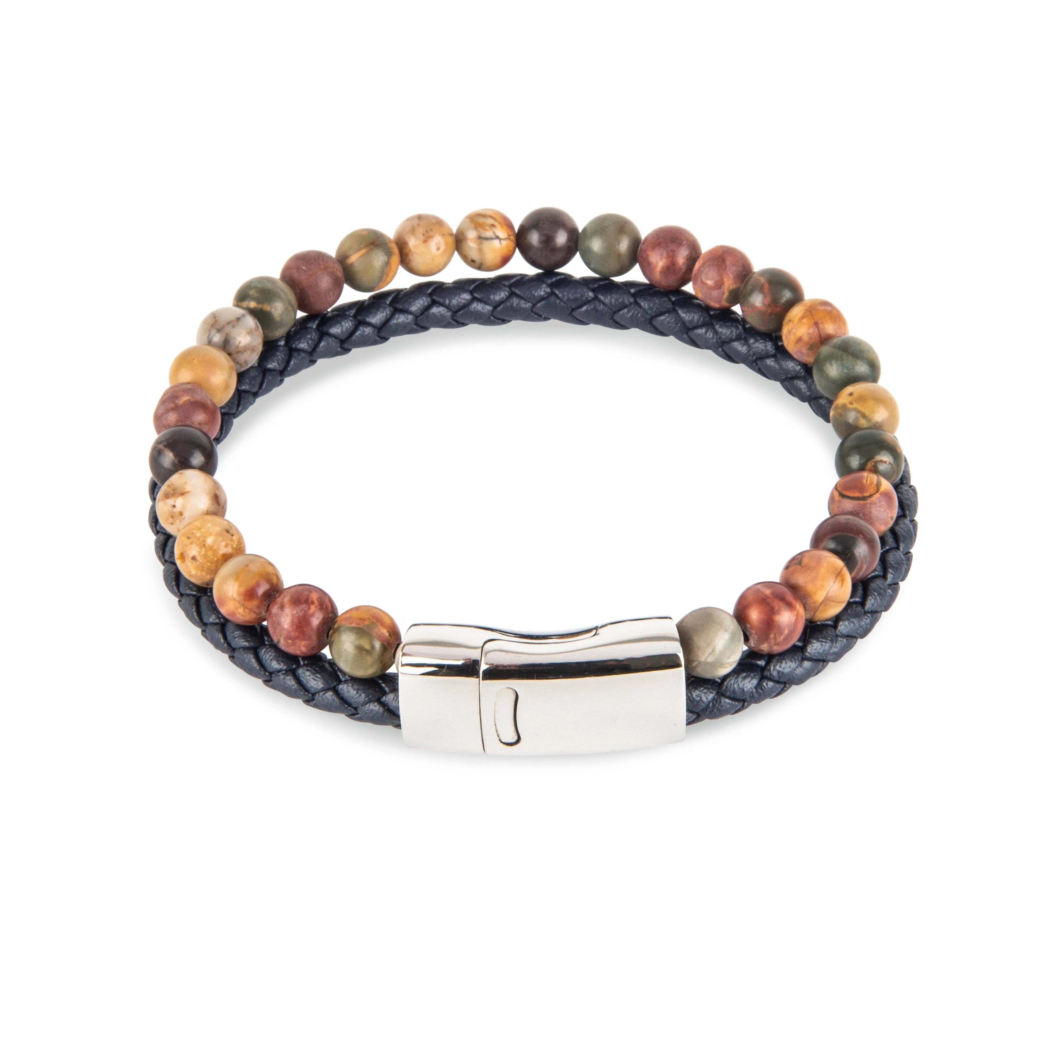 Beaded Jasper & Leather Weave Double Bracelet