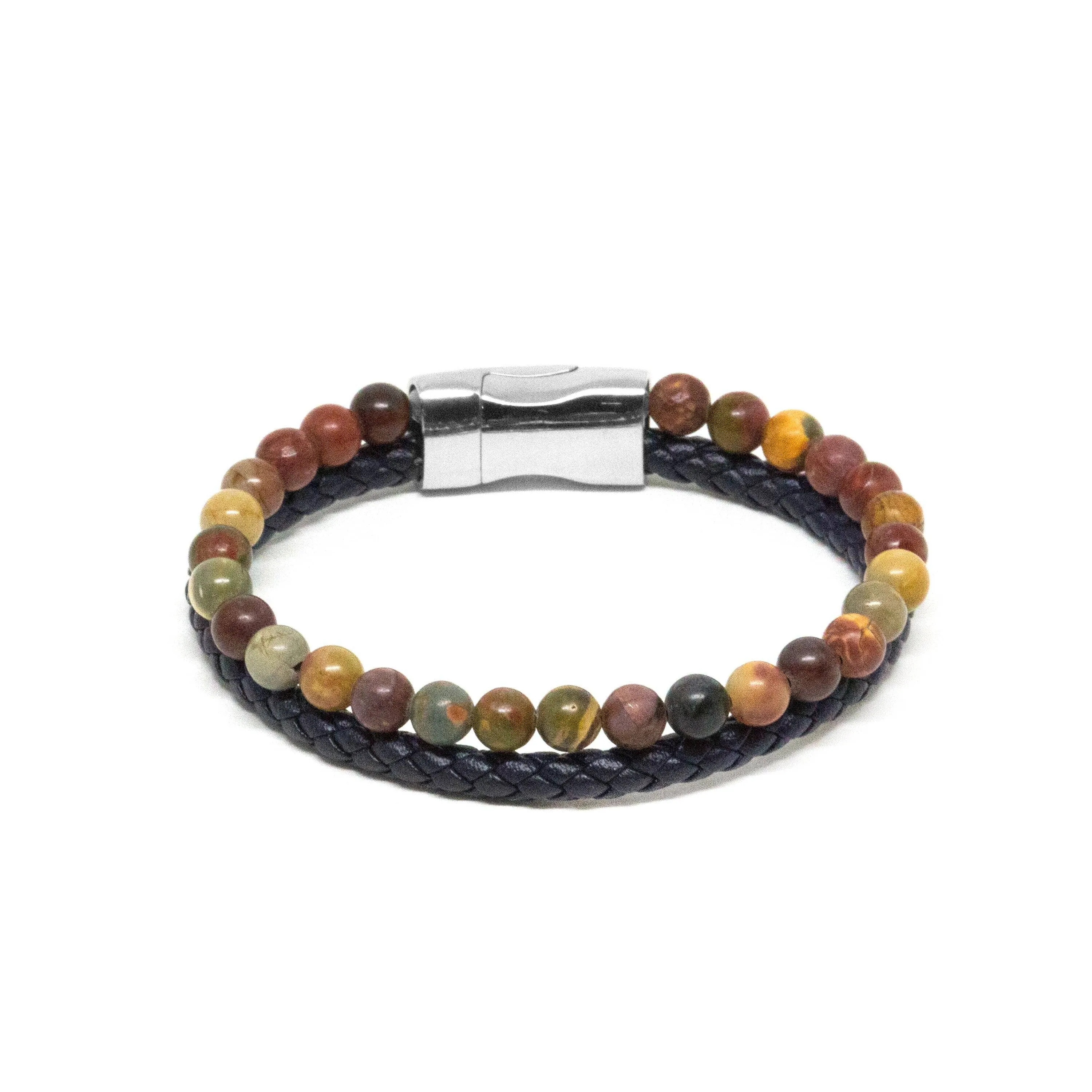 Beaded Jasper & Leather Weave Double Bracelet