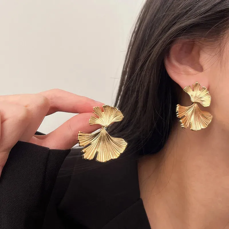 Bohemian Geometric Gold Ginkgo Biloba Leaf Drop Earrings Punk Statement Ear Accessories