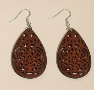 Brown Wood IntricateTeardrop Earrings