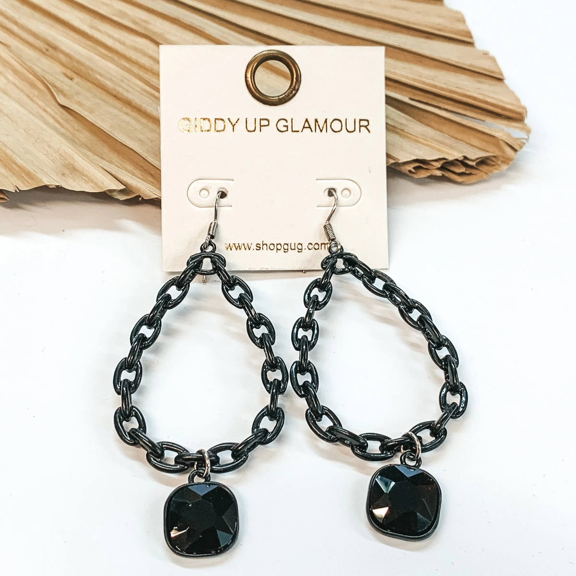 Chain Teardrop Dangle Black Earrings with Black Cushion Cut Crystal