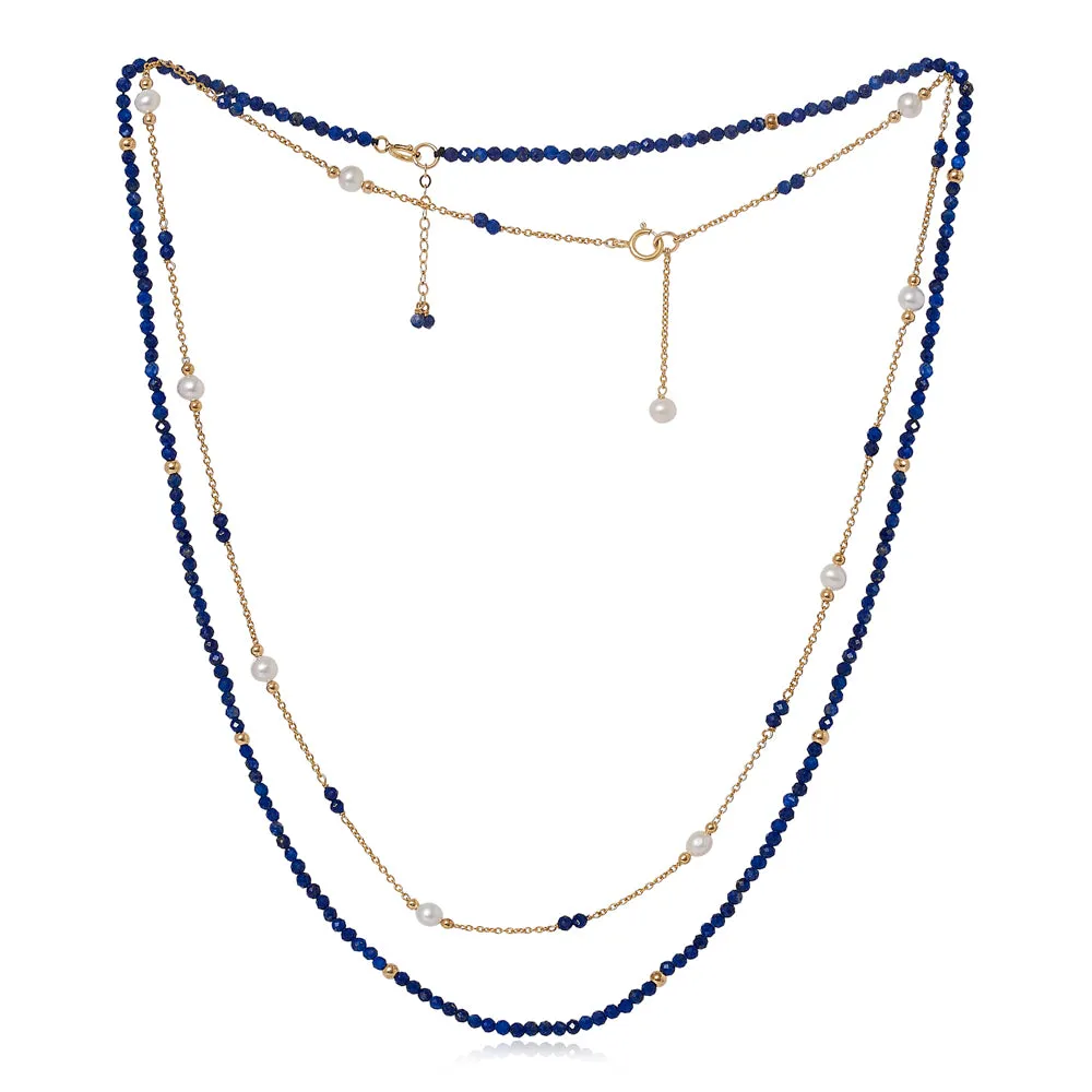 Clara fine double chain set with faceted lapis lazuli & cultured freshwater pearls