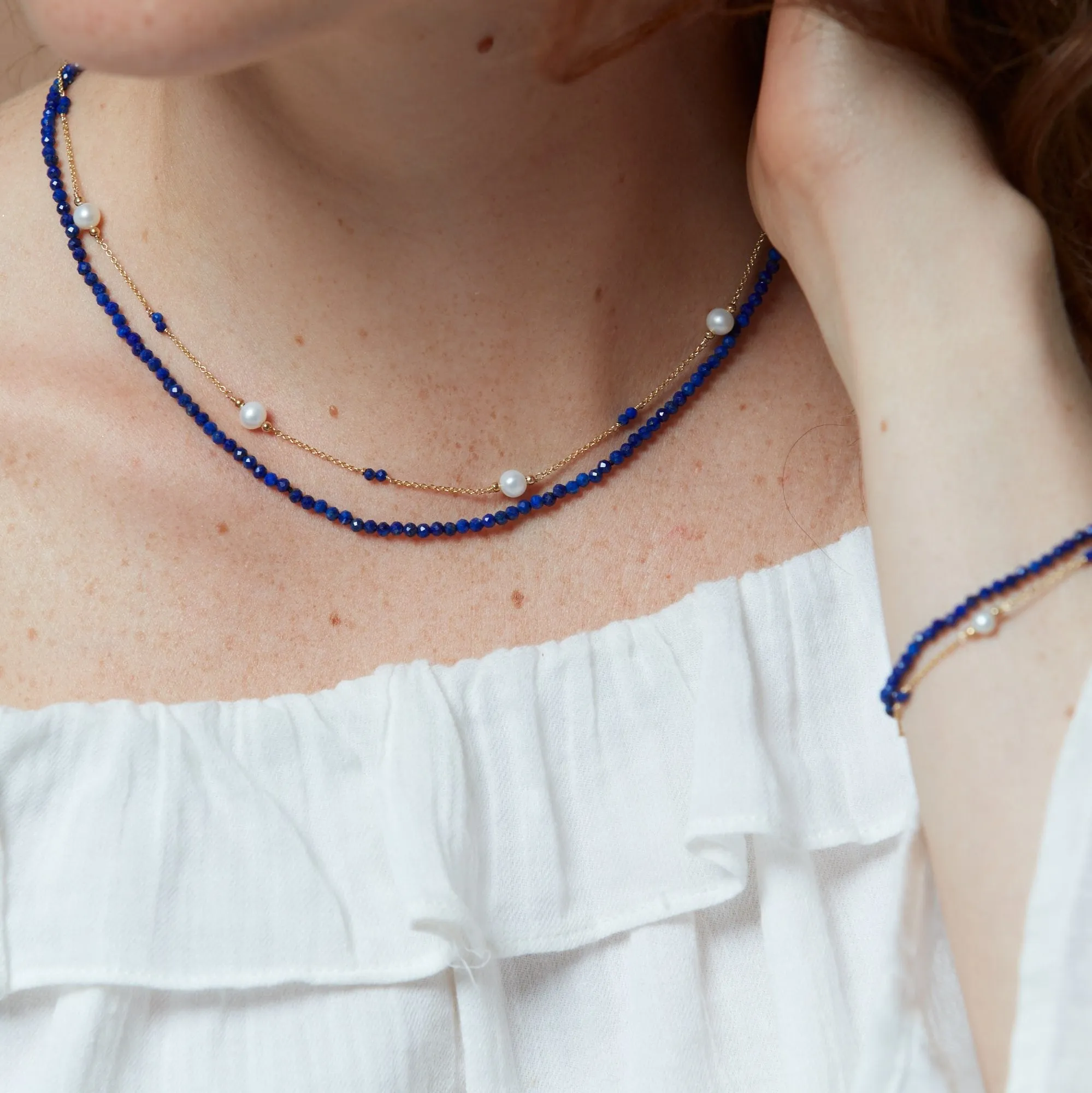 Clara fine double chain set with faceted lapis lazuli & cultured freshwater pearls