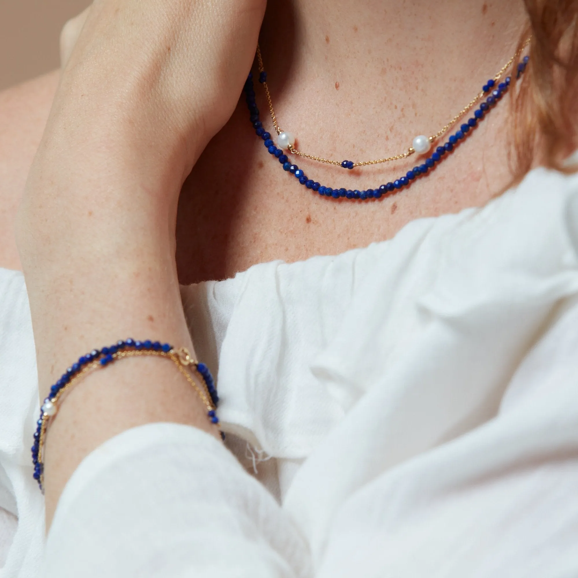 Clara fine double chain set with faceted lapis lazuli & cultured freshwater pearls