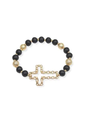 Cross Wood Beaded Stretch Bracelet-Black