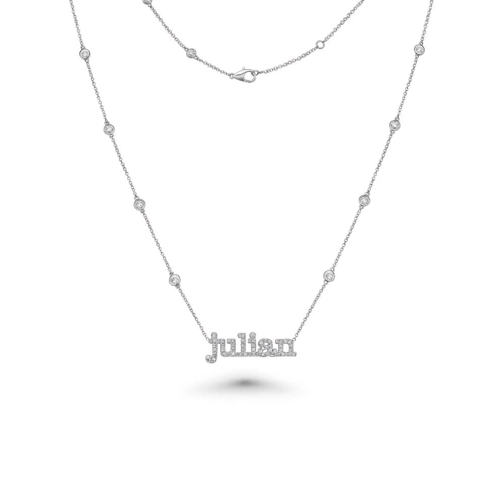 Custom Name Plate Diamond by the Yard Necklace (1.50 ct.)  Bezel Setting in 14K Gold