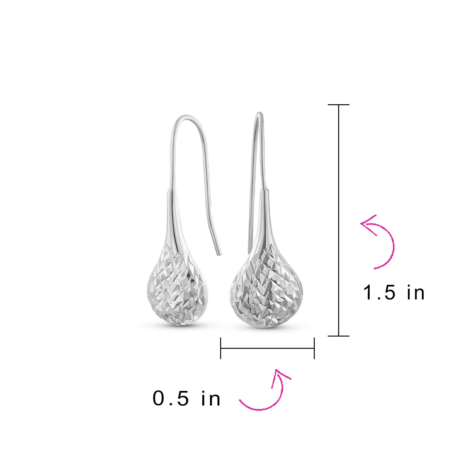 Diamond Cut Puffed Raindrop Teardrop Earrings Fishhook Sterling Silver 1 Inch