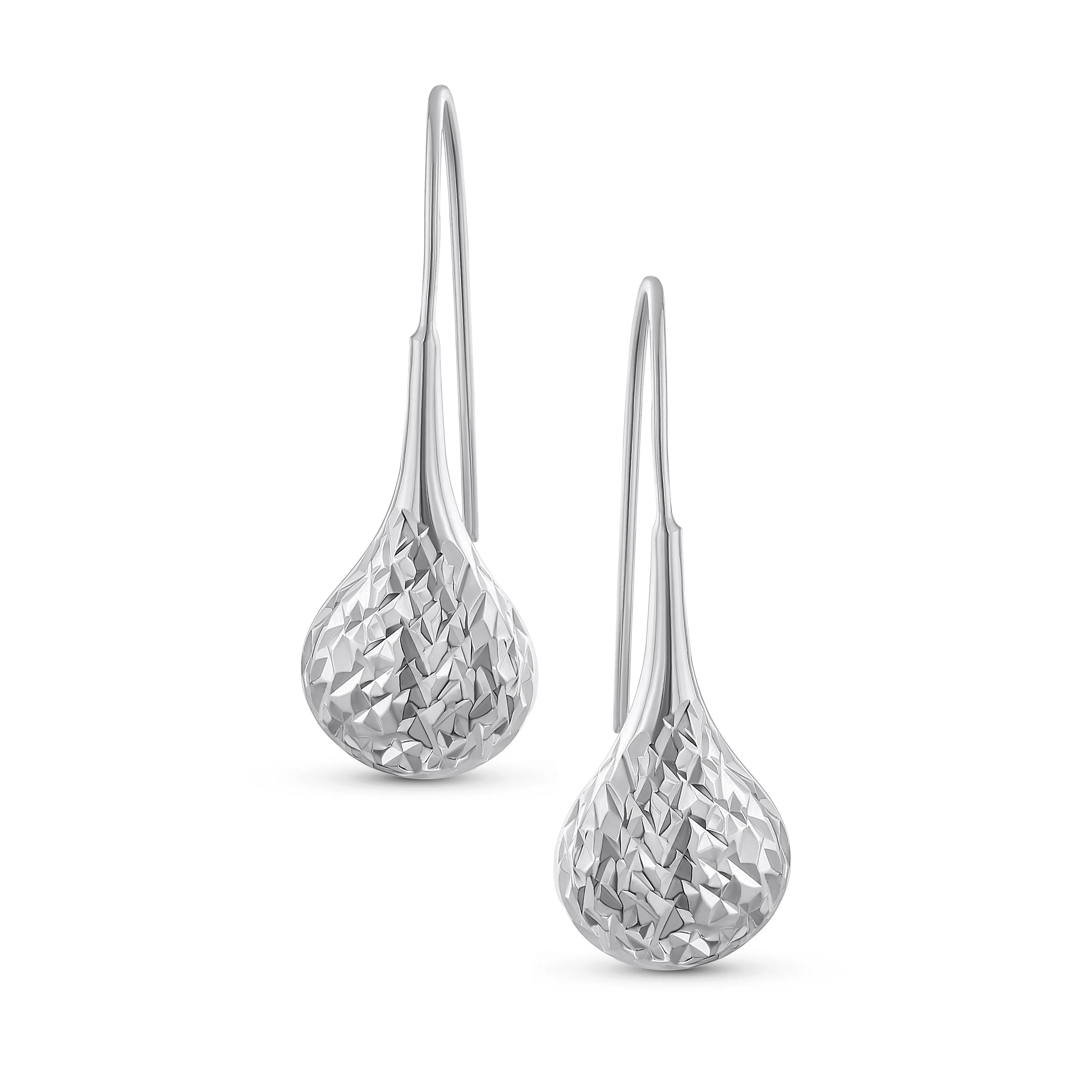 Diamond Cut Puffed Raindrop Teardrop Earrings Fishhook Sterling Silver 1 Inch