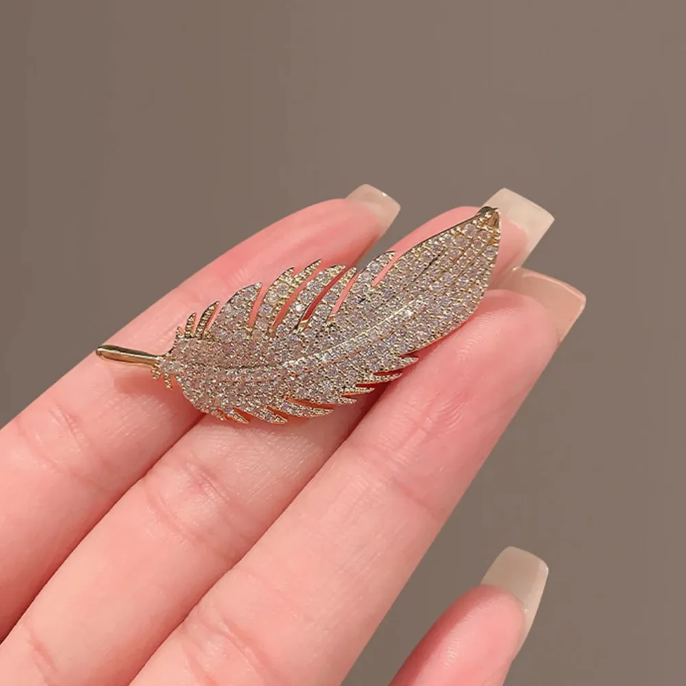 Gold Crystal Feather Brooches Safety Pins Jewelry