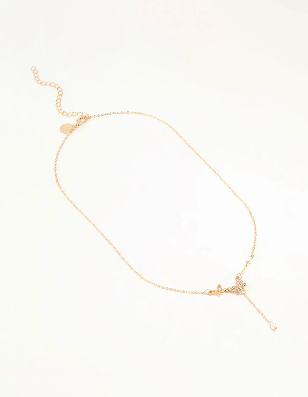 Gold Diamante Pearl Y Necklace Butterfly Necklace