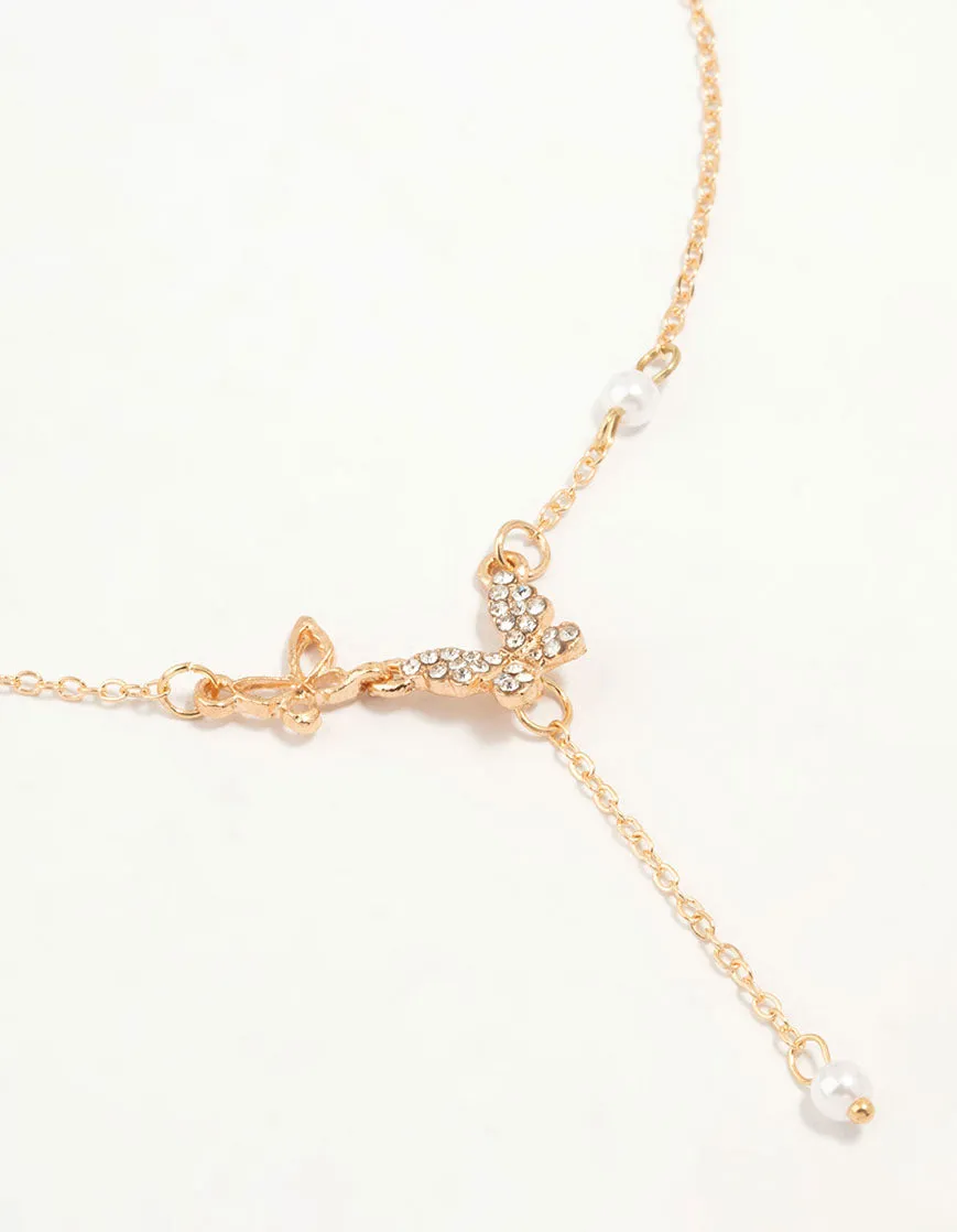 Gold Diamante Pearl Y Necklace Butterfly Necklace