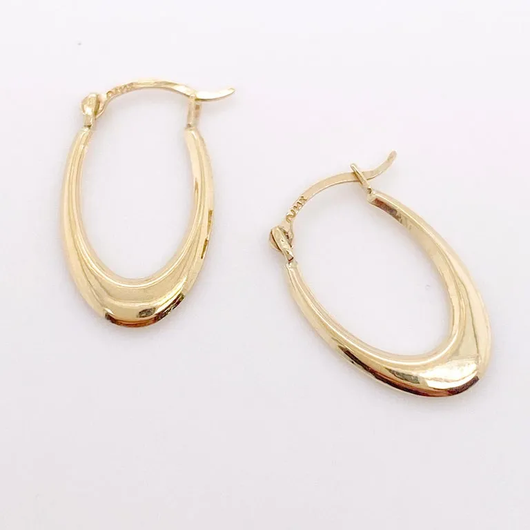 Gold Hoop Earrings Polished U Hoops, Elongated Oval Earrings, 14K Yellow Gold