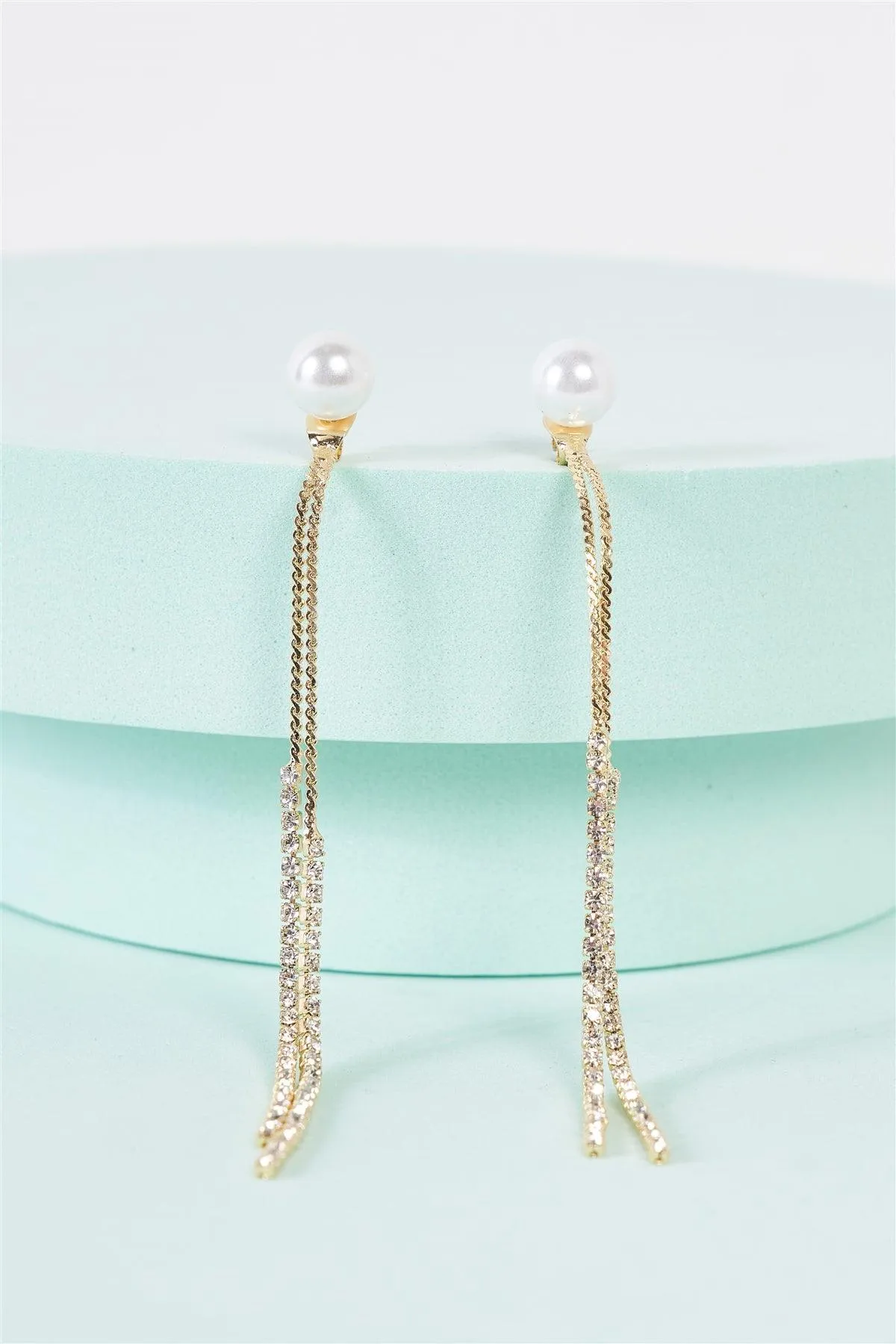 Gold Pearl Rhinestone Ear Jacket Tassel Drop Earrings