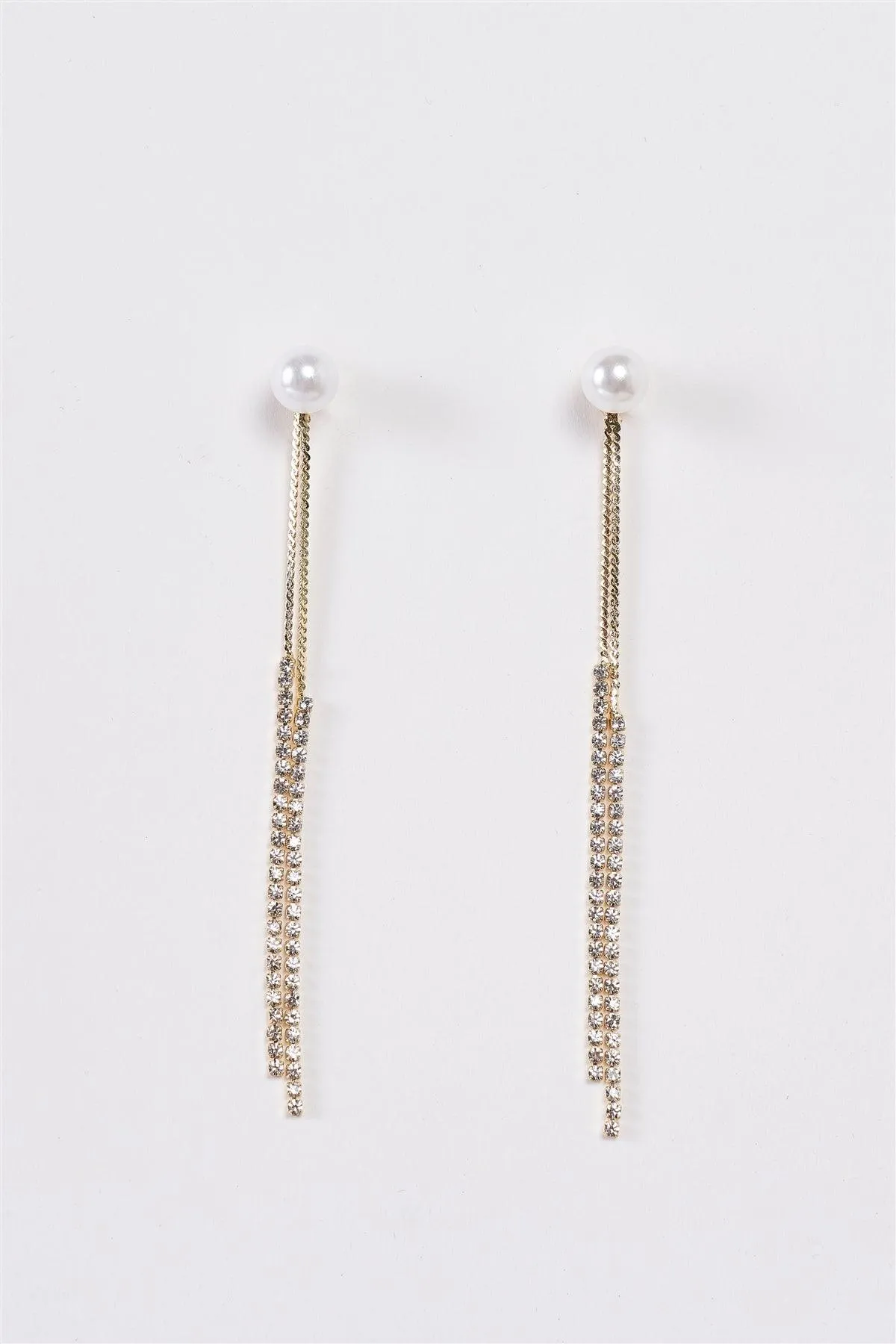 Gold Pearl Rhinestone Ear Jacket Tassel Drop Earrings