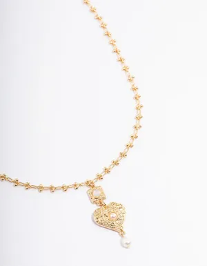 Gold Plated Detailed Heart Pendant Freshwater Pearl Necklace