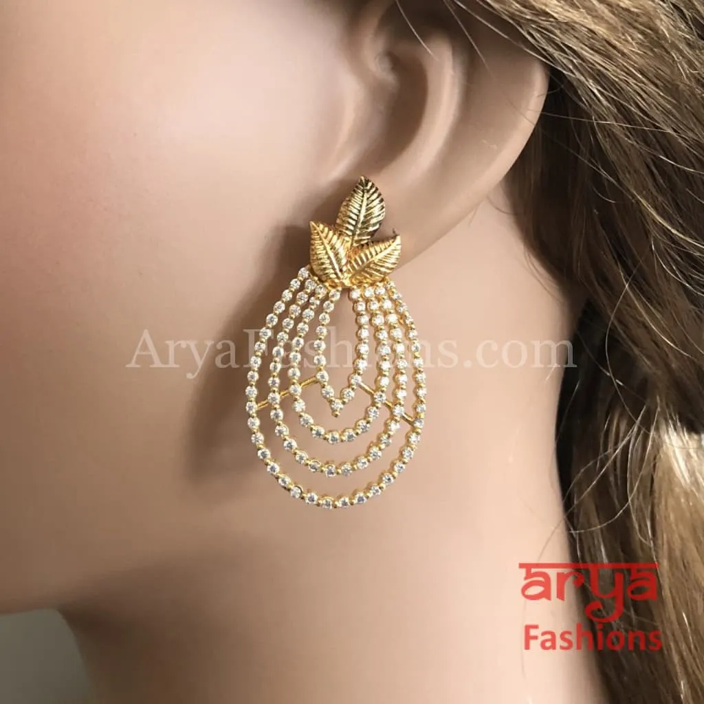 Golden Cubic Zirconia Leaf Style Trendy Earrings