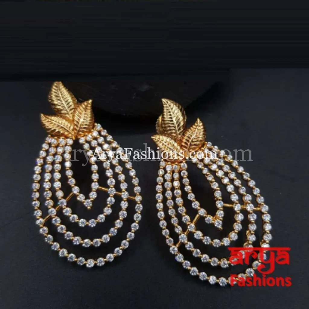 Golden Cubic Zirconia Leaf Style Trendy Earrings