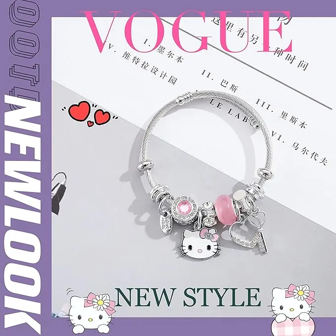 Kitty Girl Bracelet,Adjustable Cat Style Stainless Steel Bracelet, Cute Girl Friendship Bracelet (Pink)