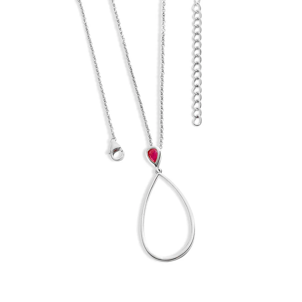 Long Petal Drop Necklace with Pear Cut Ruby in Sterling Silver