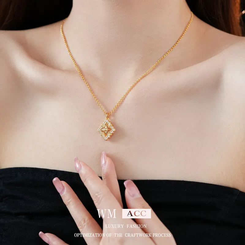 Luxurious Flower Rhombus Geometric Copper Zircon Inlay Necklaces