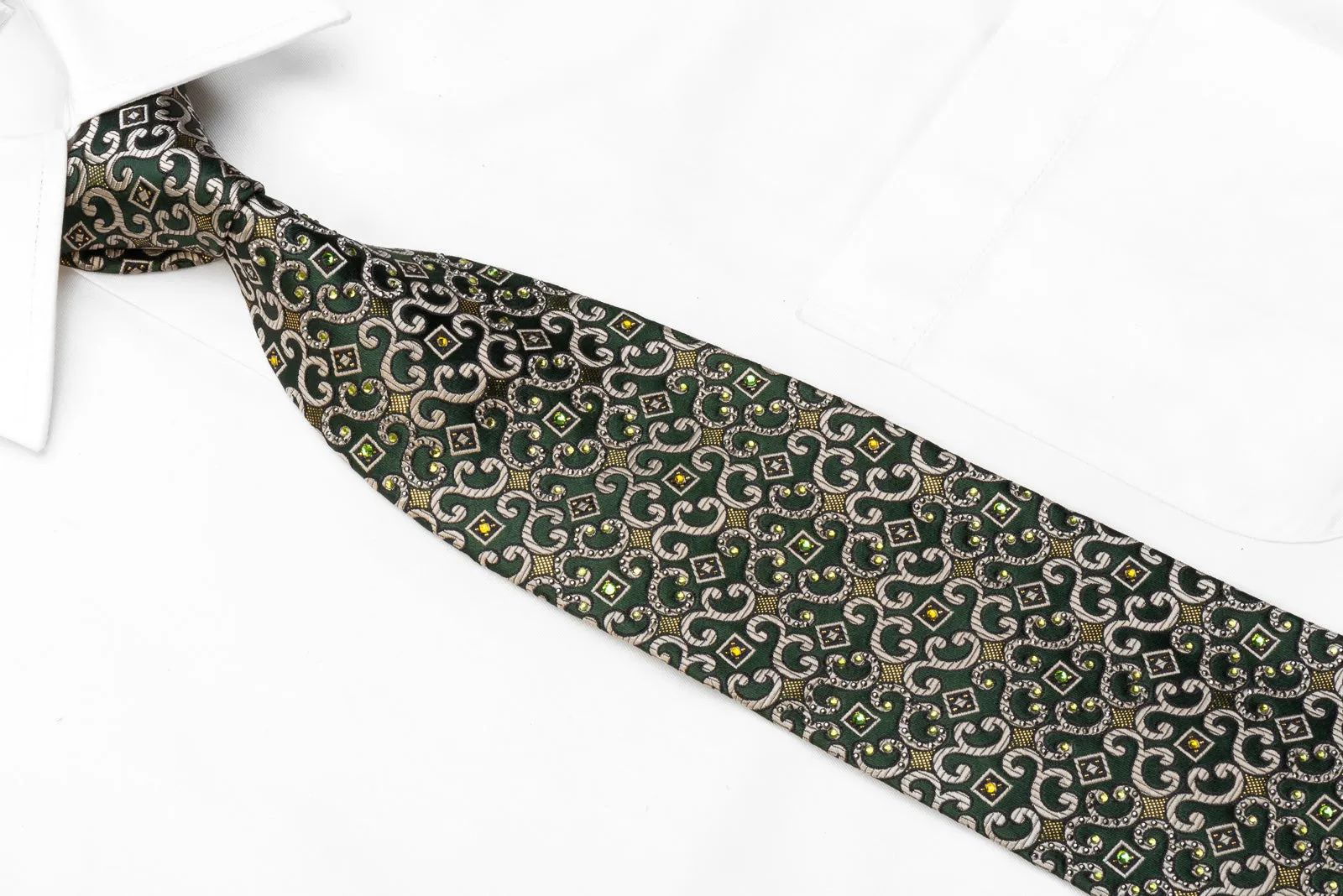 Men's Silk Necktie Silver Scrolls On Dark Green With Gold Sparkles