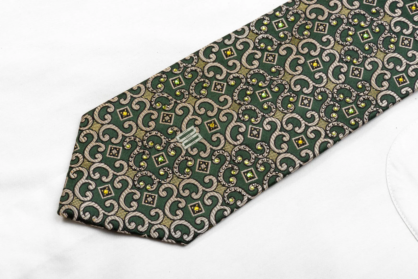 Men's Silk Necktie Silver Scrolls On Dark Green With Gold Sparkles