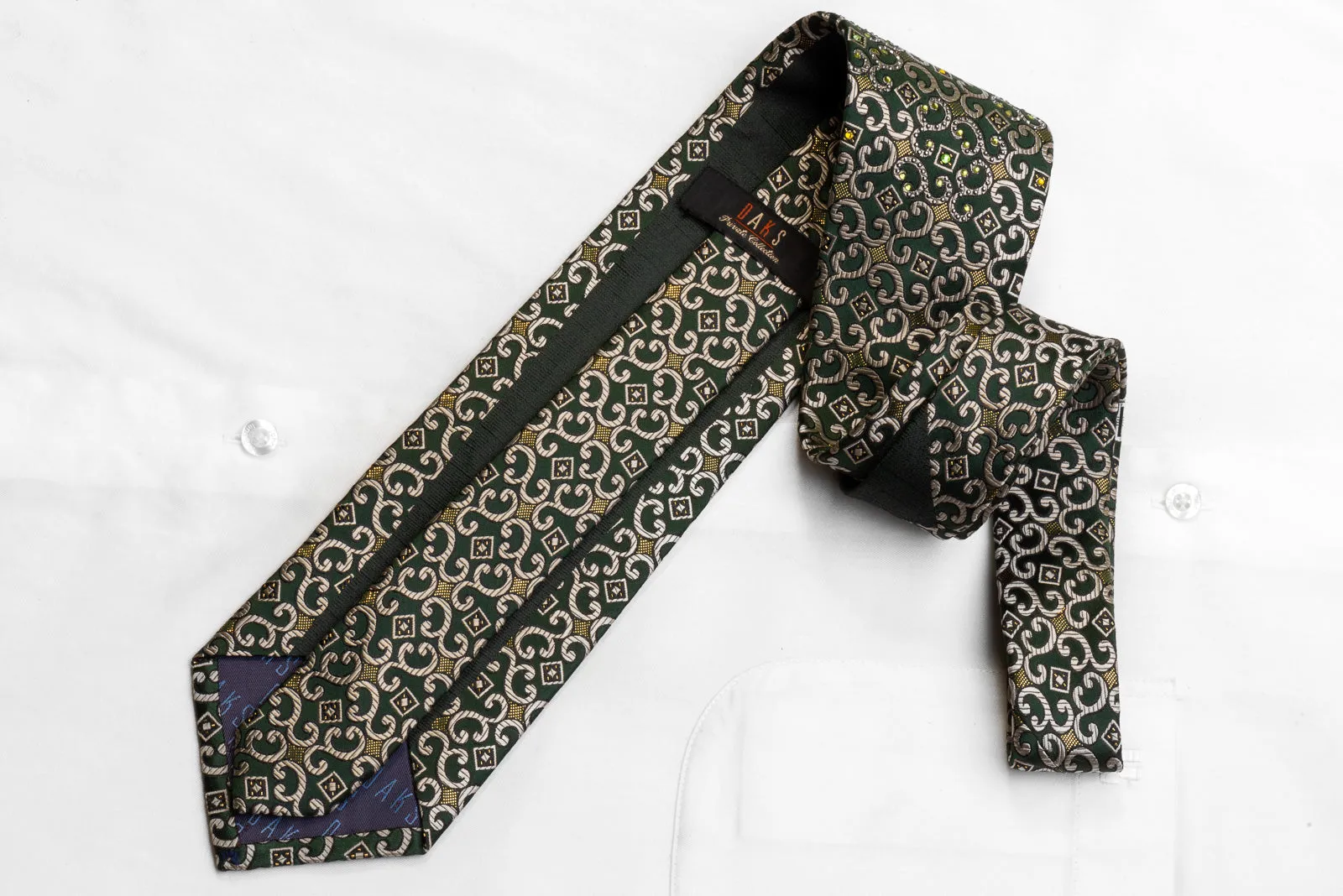 Men's Silk Necktie Silver Scrolls On Dark Green With Gold Sparkles