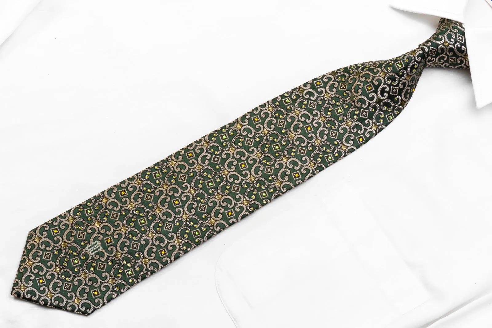 Men's Silk Necktie Silver Scrolls On Dark Green With Gold Sparkles