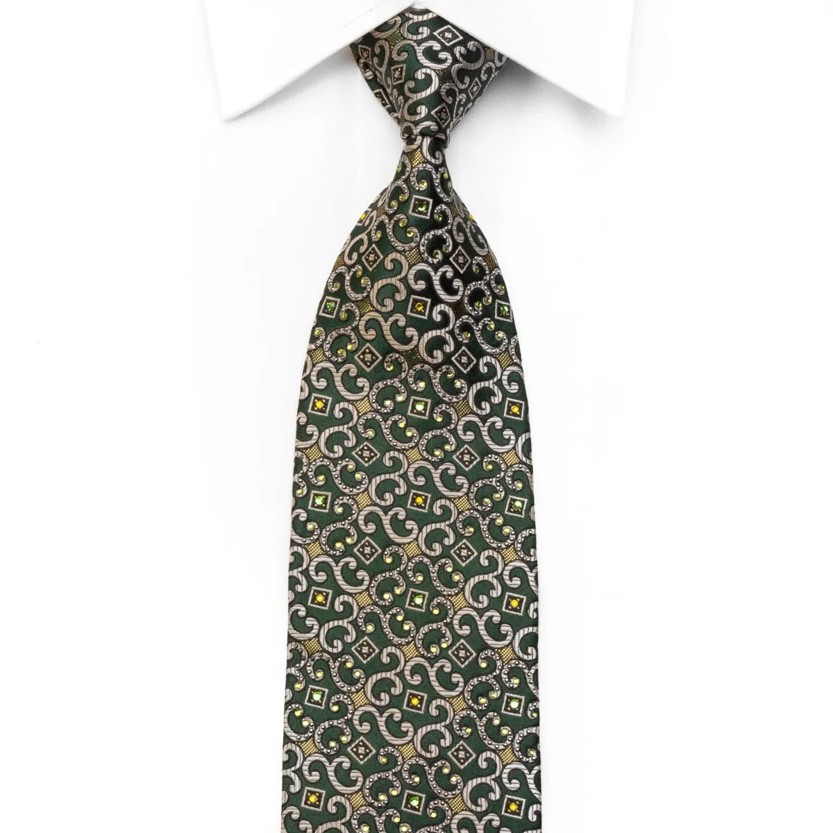 Men's Silk Necktie Silver Scrolls On Dark Green With Gold Sparkles