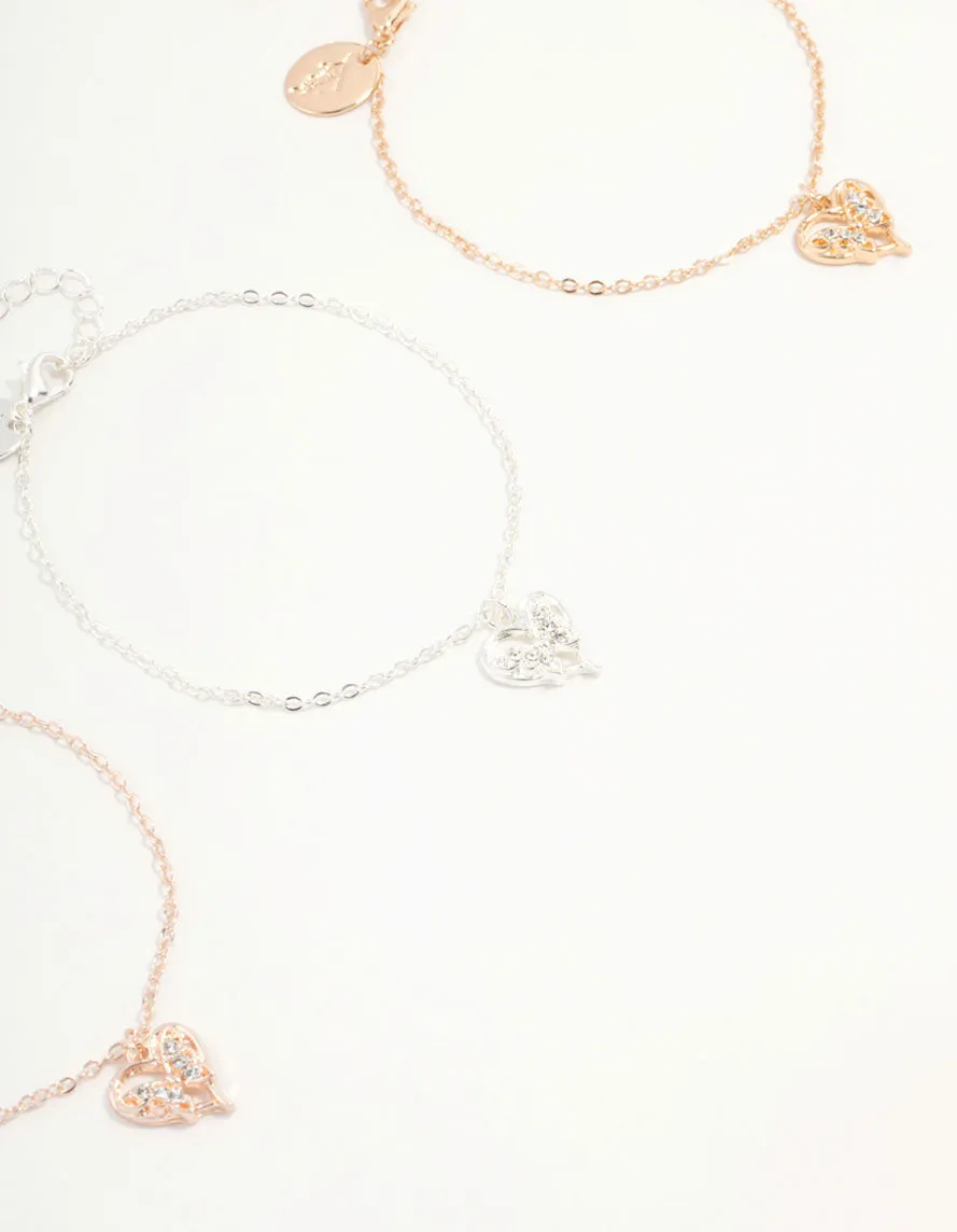 Mixed Metals Diamante Heart Bracelets 3-Pack