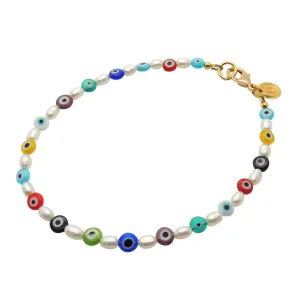 Multicolour Evil Eye Charm Freshwater Pearl Anklet