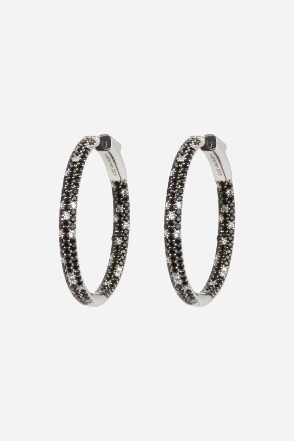 Nickho Rey Sport Tire Hoops in Silver with Black and White Stones