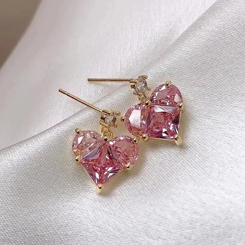 Pink Peach Heart Drop Sweet Cool Zircon Y2K Fashion Earring