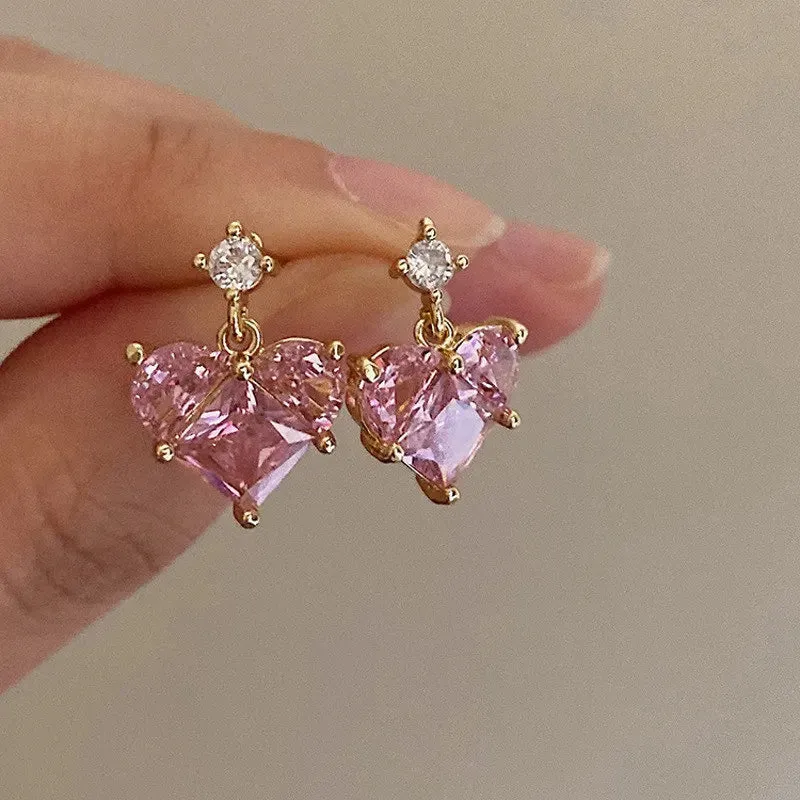 Pink Peach Heart Drop Sweet Cool Zircon Y2K Fashion Earring