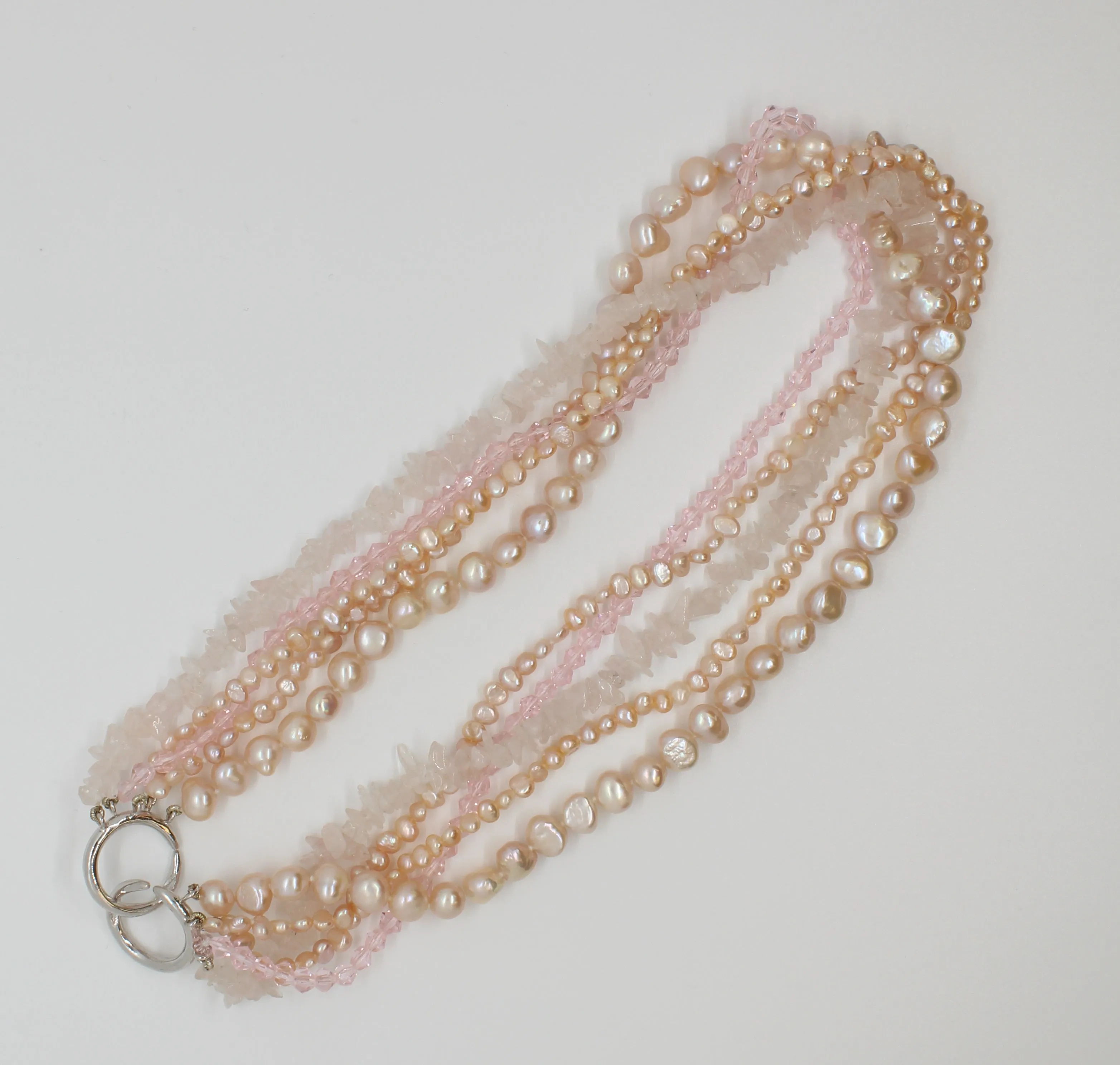 Pink Pearl, Crystal, and Rose Quartz 5 Strand Necklace