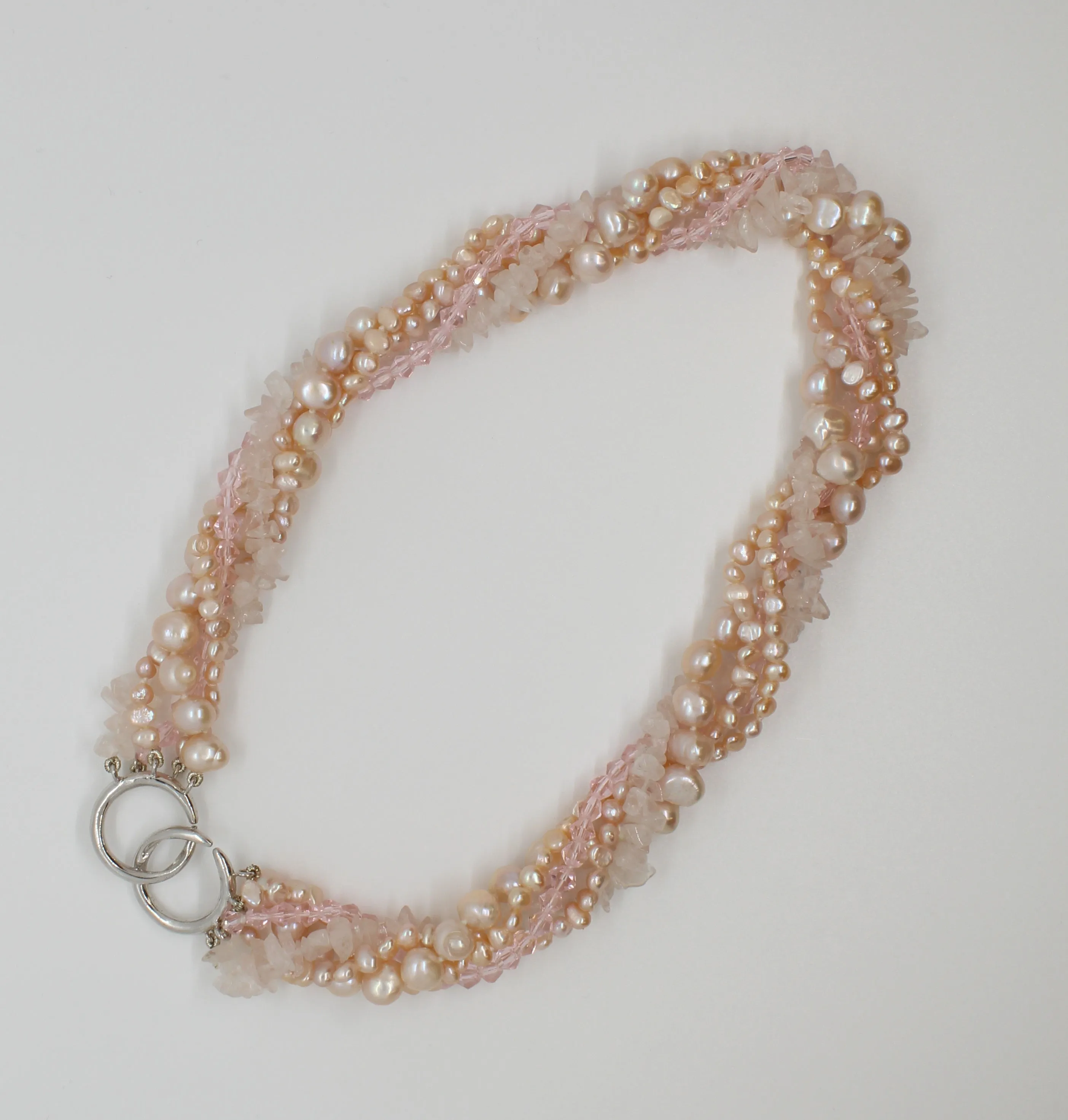 Pink Pearl, Crystal, and Rose Quartz 5 Strand Necklace