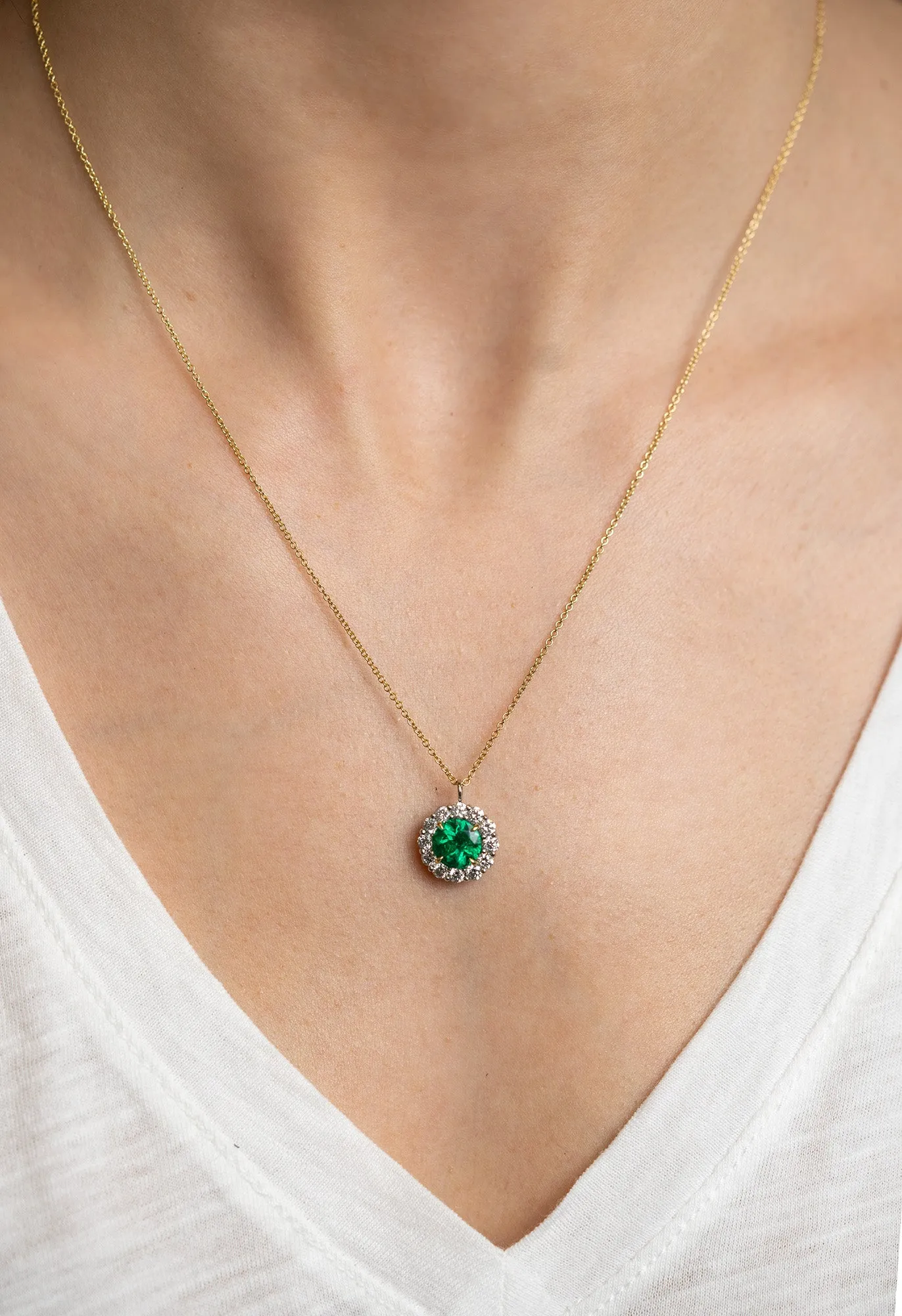 Platinum Emerald & Diamond Halo Pendant Necklace