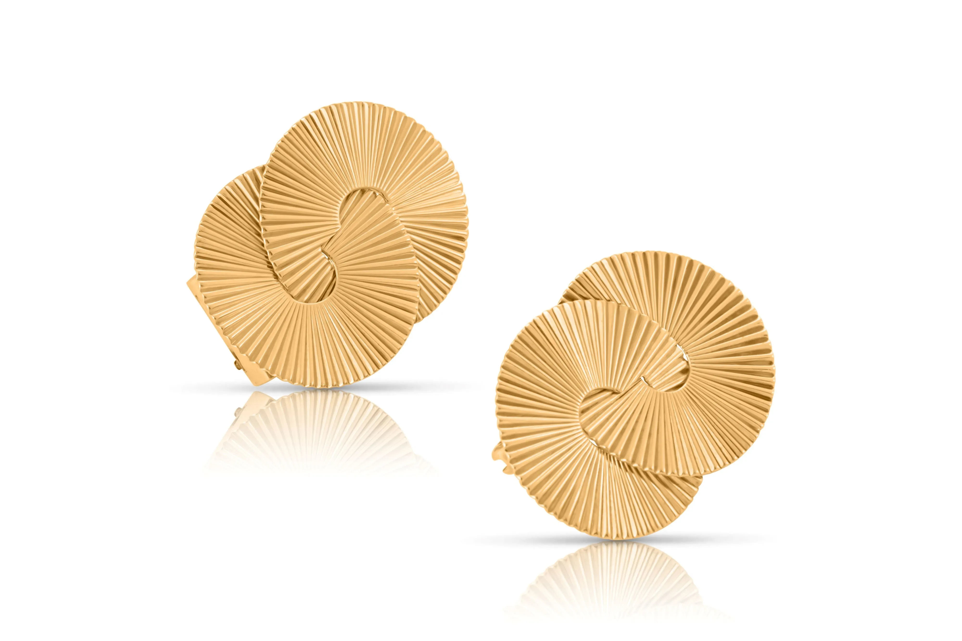 Retro 1950s Fluted Gold Brooches In Interlocking Fan Design