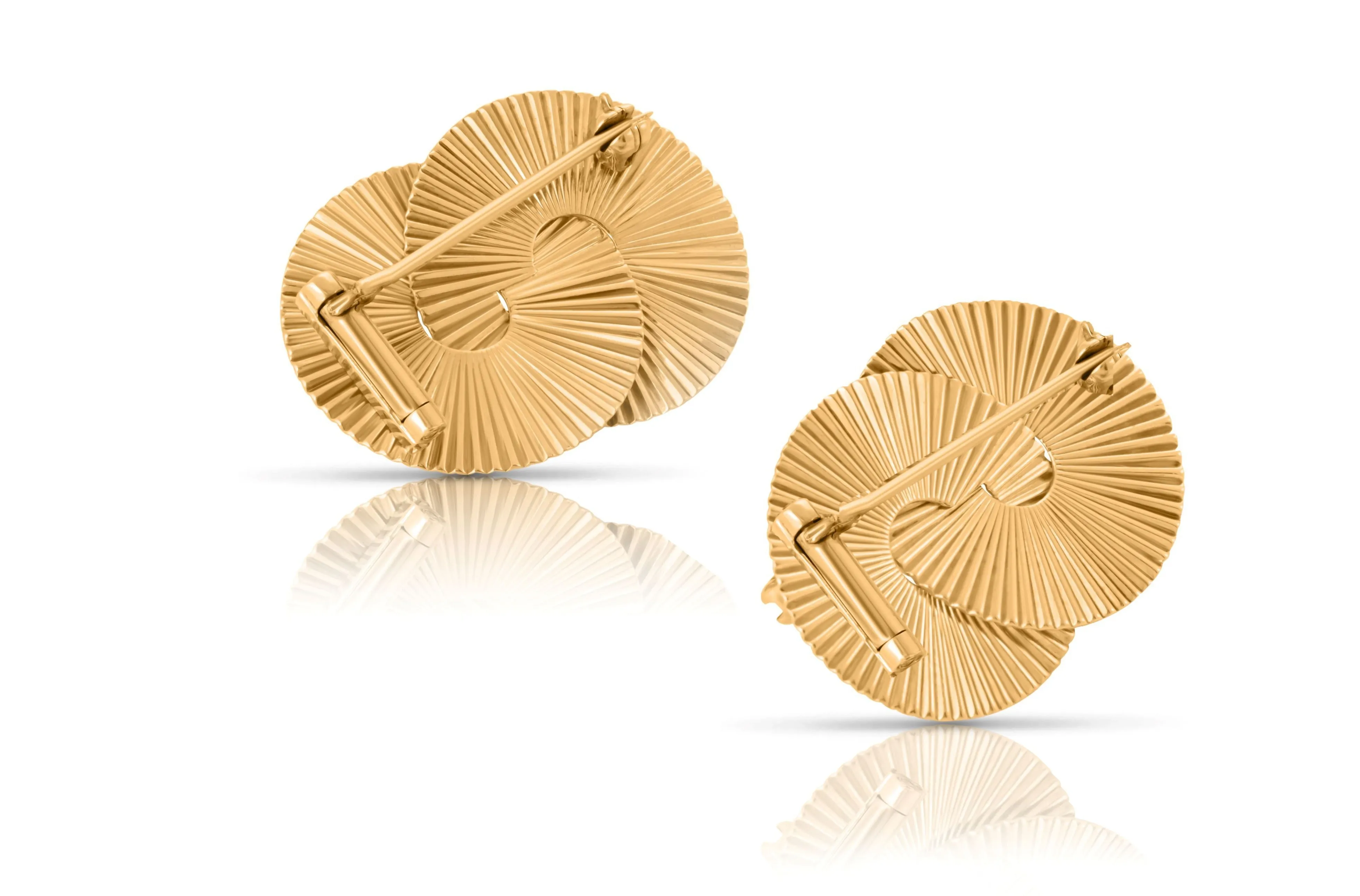 Retro 1950s Fluted Gold Brooches In Interlocking Fan Design