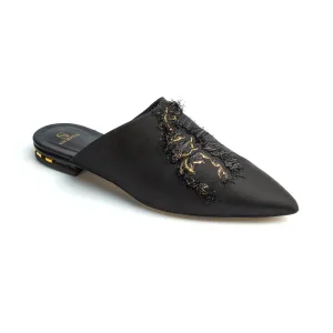 Rocio Black Embroidered Satin Slippers