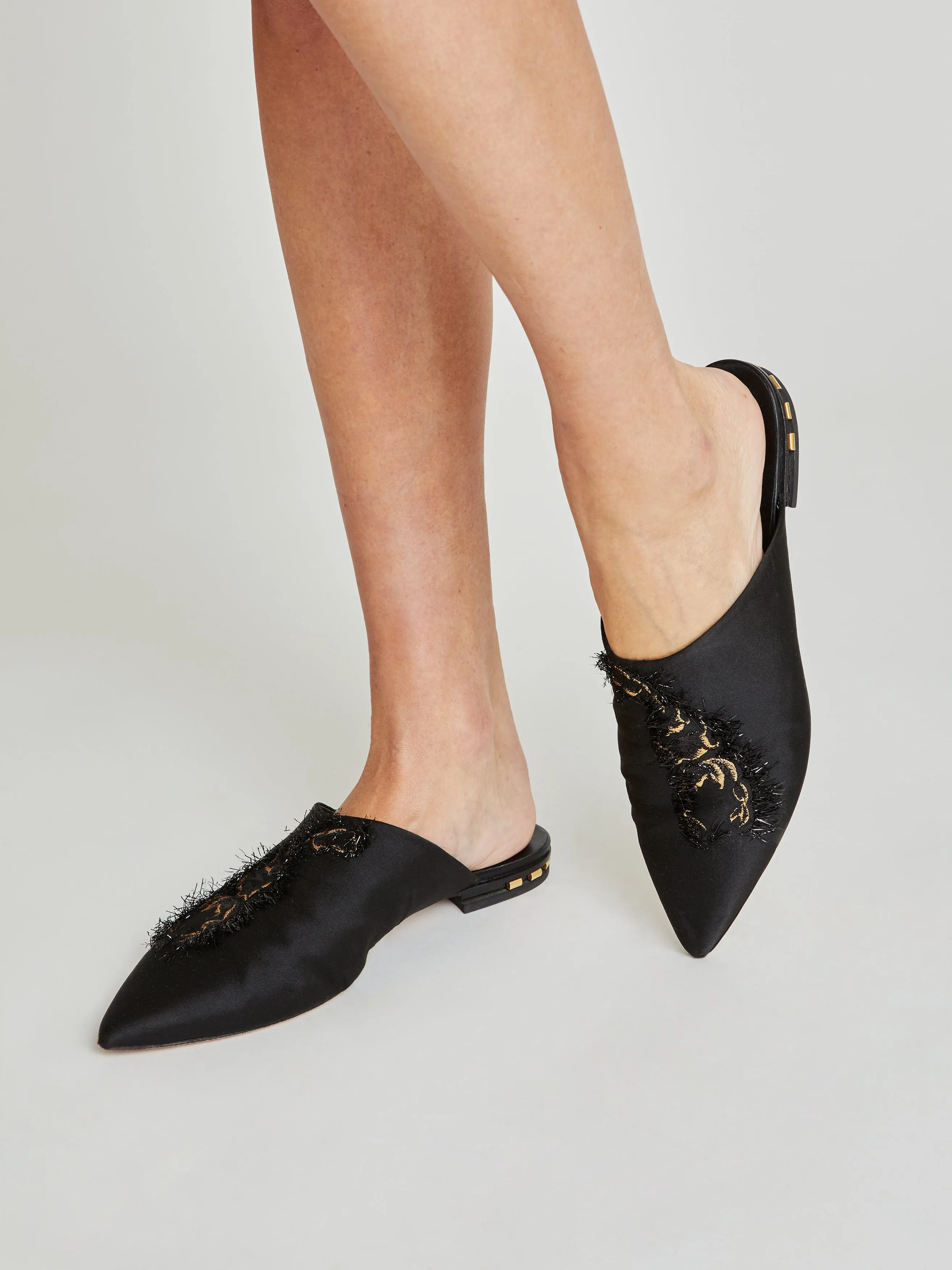 Rocio Black Embroidered Satin Slippers