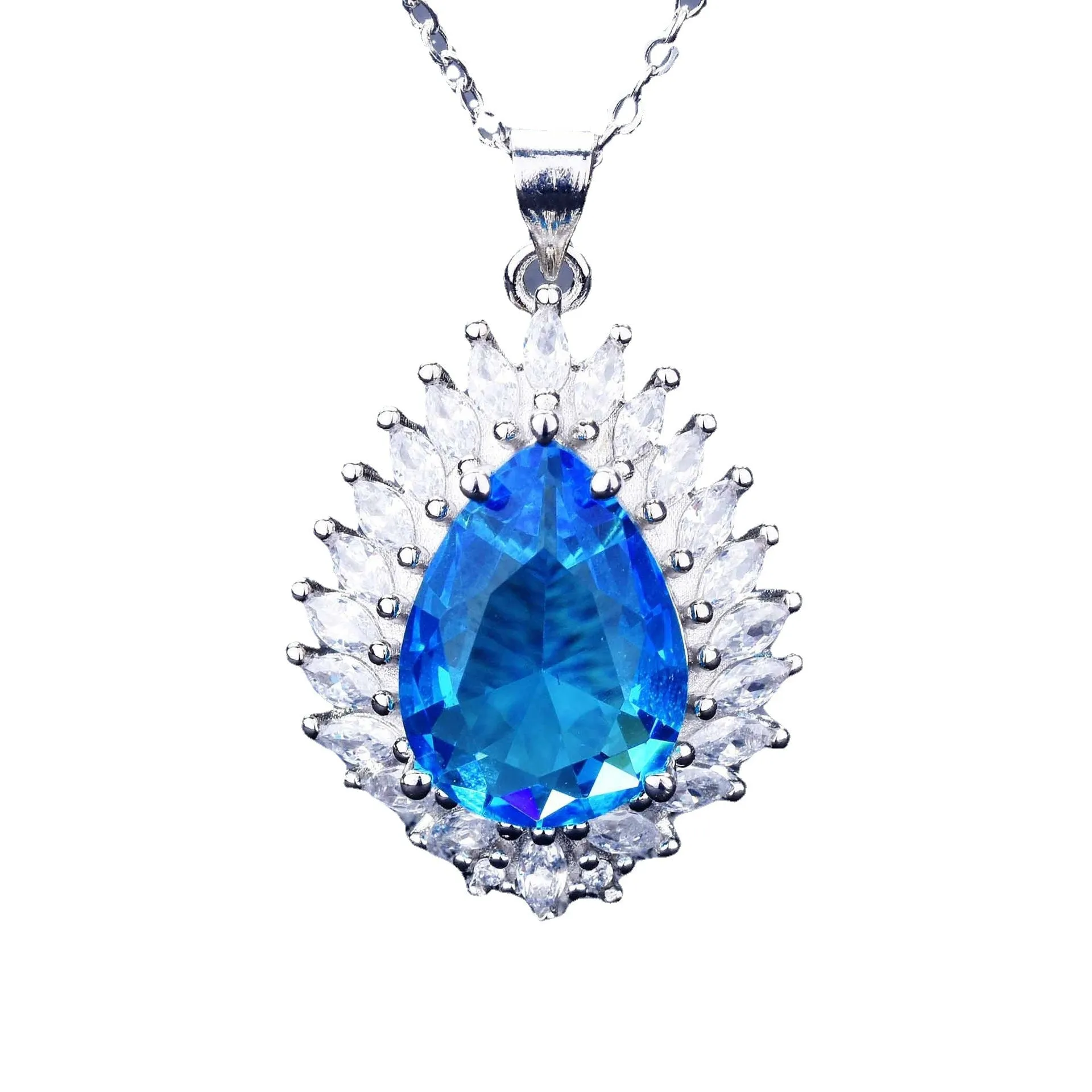 Romantic Sea Blue Water Drop Cubic Zirconia Necklaces Women Engagement Wedding Luxury Neck Accessories Statement Jewelry