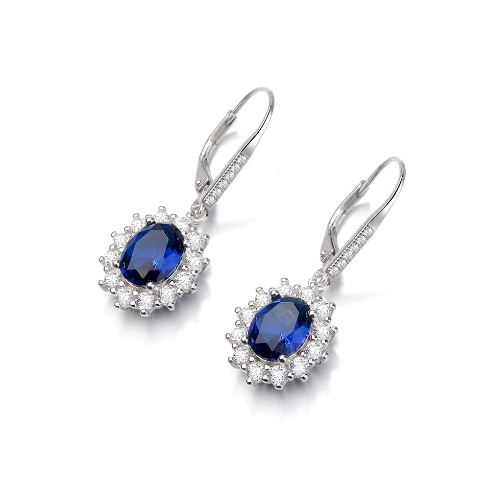 Sapphire Halo Leverback Earrings in 18K White Gold